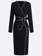 Black Piping Bow Classic V Neck Long Sleeve Sheath Midi Dress