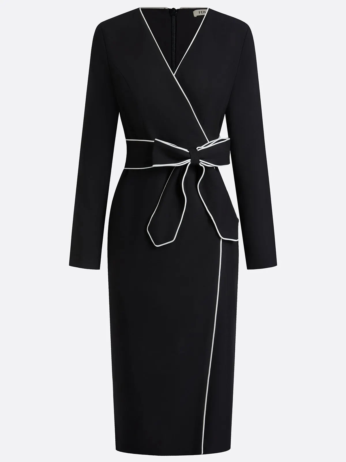 Black Piping Bow Classic V Neck Long Sleeve Sheath Midi Dress