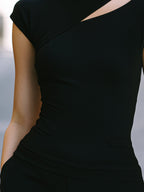 Asymmetric Cutout High-Neck Fitted T-Shirt