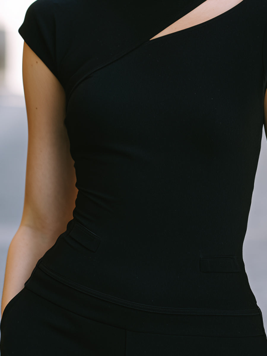 Asymmetric Cutout High-Neck Fitted T-Shirt