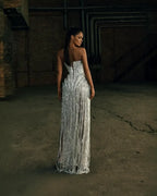 Cocoslly Strapless Sleeveless High Waist Long Prom Dress | Silver White Beading Pearls YK1253