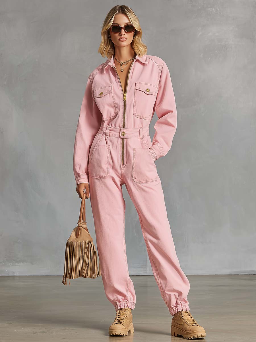 Retro Western Pink Denim Collared Zip-Front Utility Jumpsuit