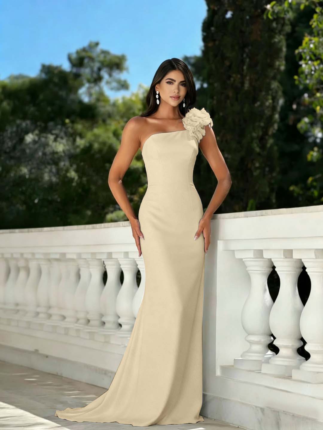 Satin One Shoulder Strapless Sleeveless Long Mermaid Prom Dress With Beadings And Flower YK0640
