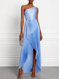 Blue Pleated Asymmetric Satin One Shoulder Sleeveless A-Line Maxi Dress