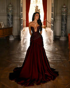 Satin Deep V-Neck Strapless Sleeveless Long Pleated Mermaid Prom Dress With Ruffles And Beadings YK0644