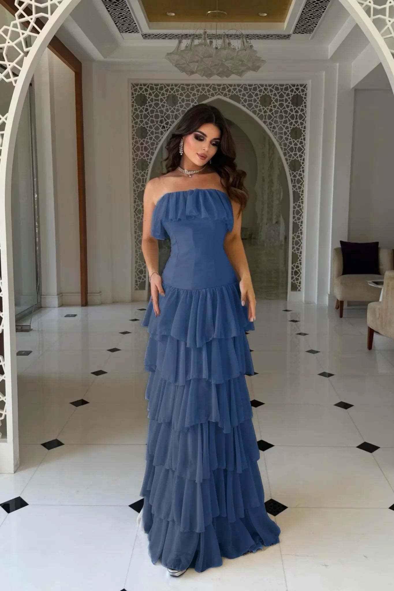 Cocoslly Strapless Sleeveless High Waist Long Prom Dress With Ruffles | Nude Champage Chiffon YC0565