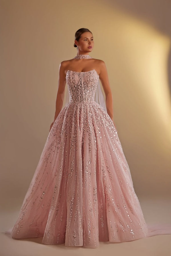 Strapless Sleeveless Long A Line Prom Dress With Pleated Beading WQ0308