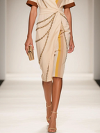 Apricot Wrap Dress Shirt Collar Short Sleeve Sheath Midi Dress