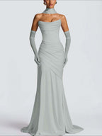 Strapless Sleeveless Long Pleated Mermaid Prom Dress With Ruffles And Gloves YK0718