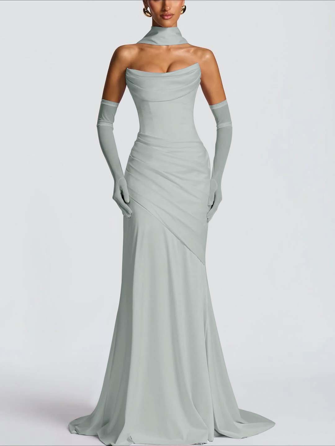 Strapless Sleeveless Long Pleated Mermaid Prom Dress With Ruffles And Gloves YK0718