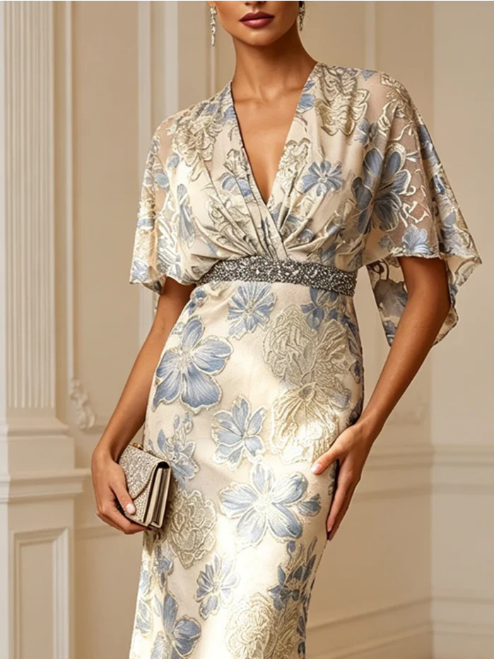 Champagne Classic V Neck Half Sleeve Mermaid Floor-length Gown Dress