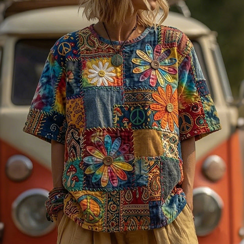 Women's Hippie Watercolor Daisy Art Patchwork Print Crew Neck Cotton T-shirt