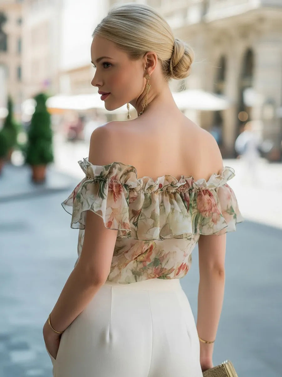 Off-Shoulder Ruffle Floral Chiffon Blouse
