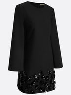 Black 3D Floral Classic Crew Neck Long Sleeve Bell Sleeve A-Line Mini Dress