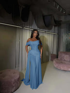 Tulle Off-The-Shoulder Strapless Sleeveless Long Mermaid Prom Dress With Pleated And Train YK0619