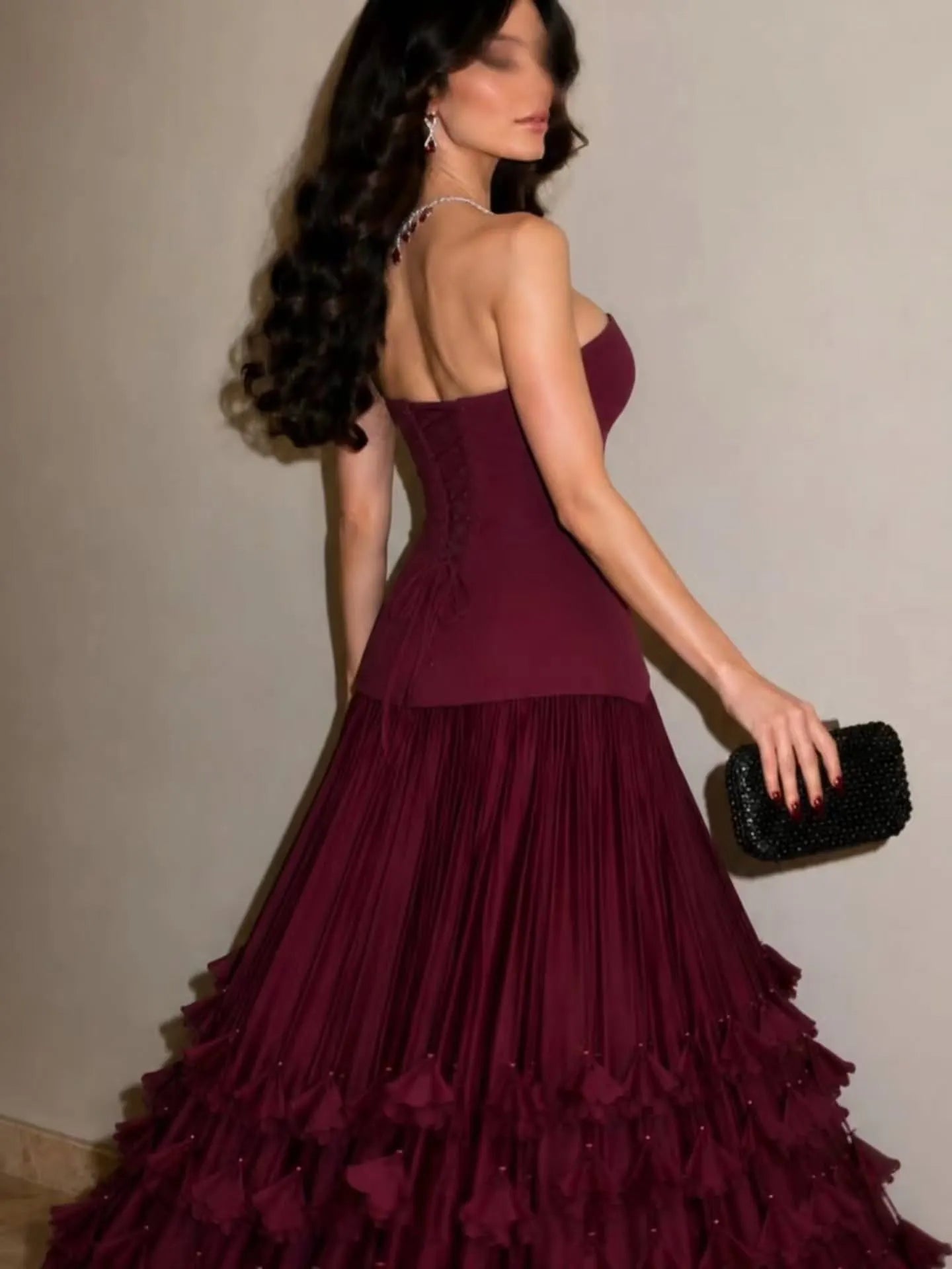 Cocoslly Strapless Sleeveless High Waist Long Prom Dress With Ruffles | Burgundy Satin WT0132