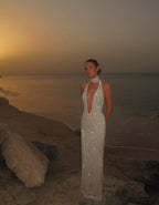 Cocoslly Halter Deep V-Neck Sleeveless Long Prom Dress With Rhinstone | White Beading CO0074