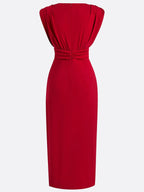 Red Ruffled Knit V Neck Sleeveless Sheath Maxi Dress
