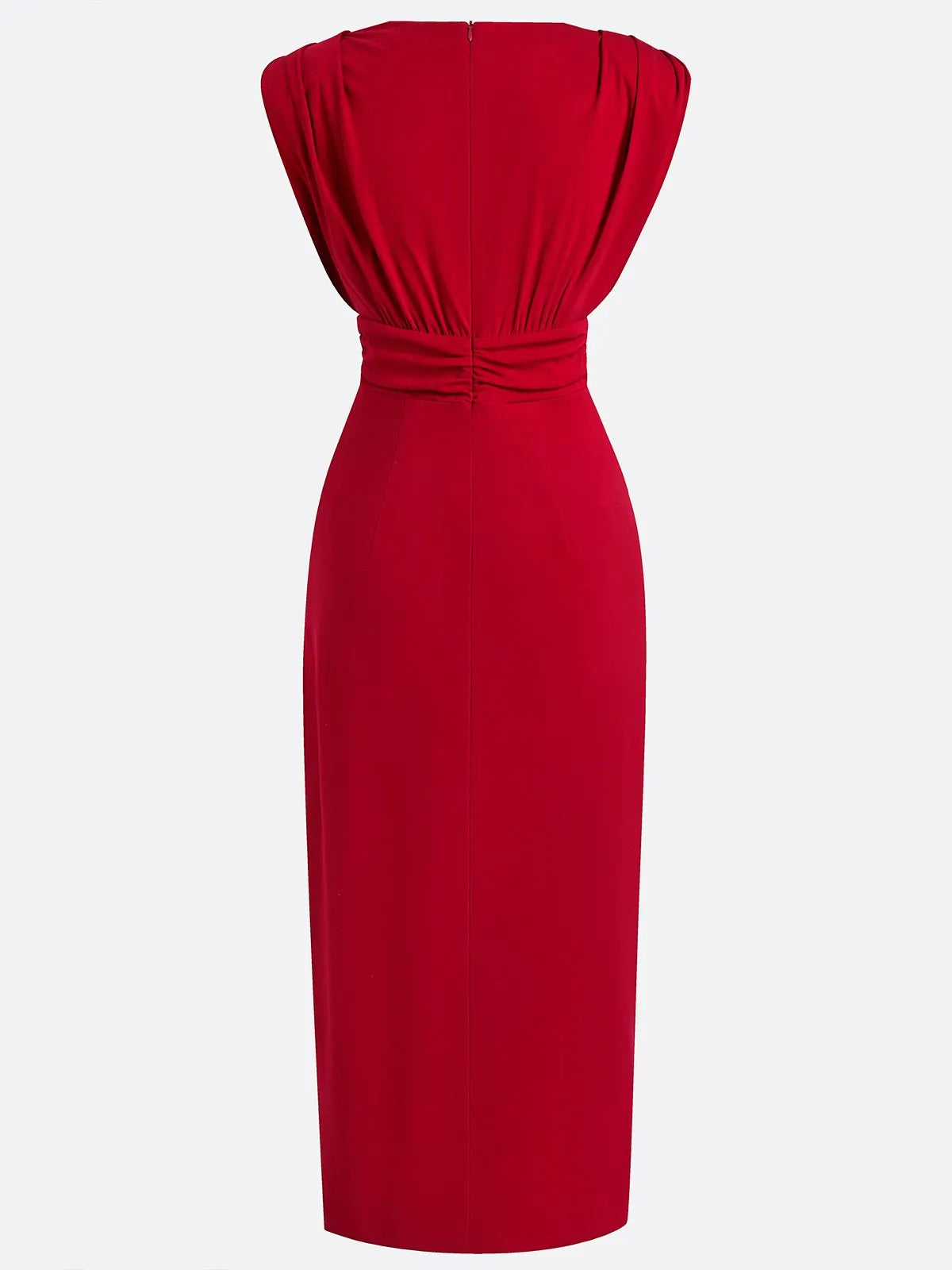 Red Ruffled Knit V Neck Sleeveless Sheath Maxi Dress