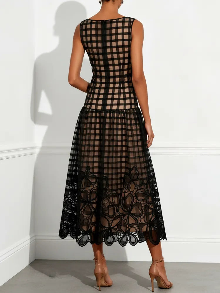Black Floral Plaid Classic Boat Neck Sleeveless A-Line Midi Dress