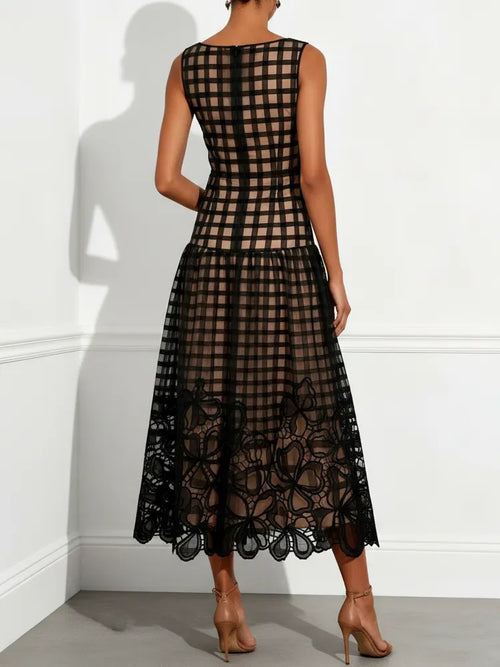 Black Floral Plaid Classic Boat Neck Sleeveless A-Line Midi Dress