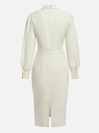 Off White Bow Classic Crew Neck Long Sleeve Sheath Midi Dress