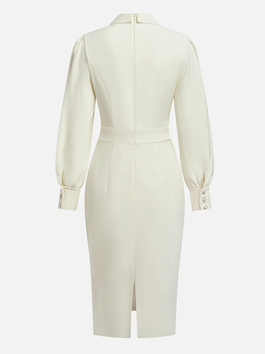 Off White Bow Classic Crew Neck Long Sleeve Sheath Midi Dress