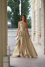 Pink Strapless Sleeveless A Line Long Split Prom Dress With Pleated ED0263