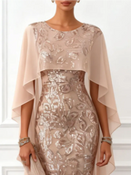 Champagne Glitter Sequin Crew Neck Cap Sleeve Sheath Floor-length Gown Dress