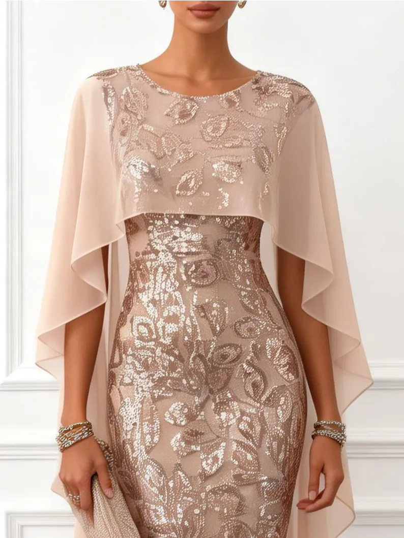 Champagne Glitter Sequin Crew Neck Cap Sleeve Sheath Floor-length Gown Dress