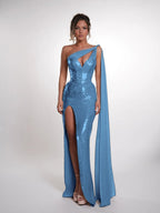 Cocoslly One Shoulder Sleeveless High Waist Long Prom Dress With Deep Split | Nude Sequins JZ0150