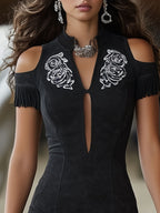 Western-style Retro Floral Embroidered Tassel Black Faux Suede Sleeveless Midi Dress