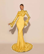 High Neck Lace Long Sleeves Long Mermaid Prom Dress With Pleated YK0572