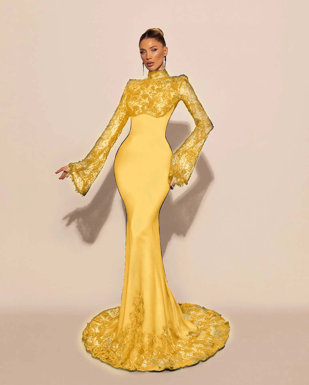 High Neck Lace Long Sleeves Long Mermaid Prom Dress With Pleated YK0572