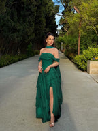 Cocoslly Off-The-Shoulder Sleeveless High Waist Long Split Prom Dress With Ruffles And Scarf | Daffodil Chiffon YK1279