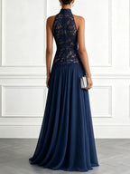 Purplish Blue Lace Lace Halter Neck Sleeveless A-Line Floor Length Dress