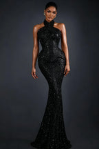 Cocoslly Halter Sleeveless High Waist Long Mermaid Prom Dress | Glod Champage Beading Pearls LR0565