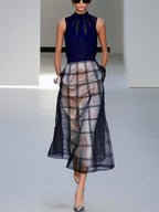 Black Organza Plaid Classic Mock Neck Sleeveless A-Line Midi Dress