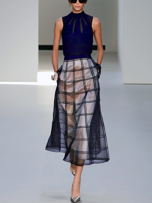 Black Organza Plaid Classic Mock Neck Sleeveless A-Line Midi Dress