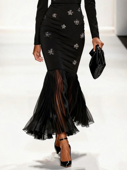 Black Pleated 3D Floral Classic Boat Neck Long Sleeve Mermaid Maxi Dress