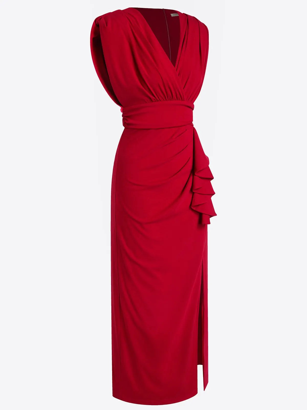 Red Ruffled Knit V Neck Sleeveless Sheath Maxi Dress
