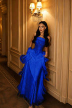 Cocoslly Strapless Sleeveless High Waist Long Prom Dress With Appliques And Ruffles | Nude Champage Chiffon LR0492