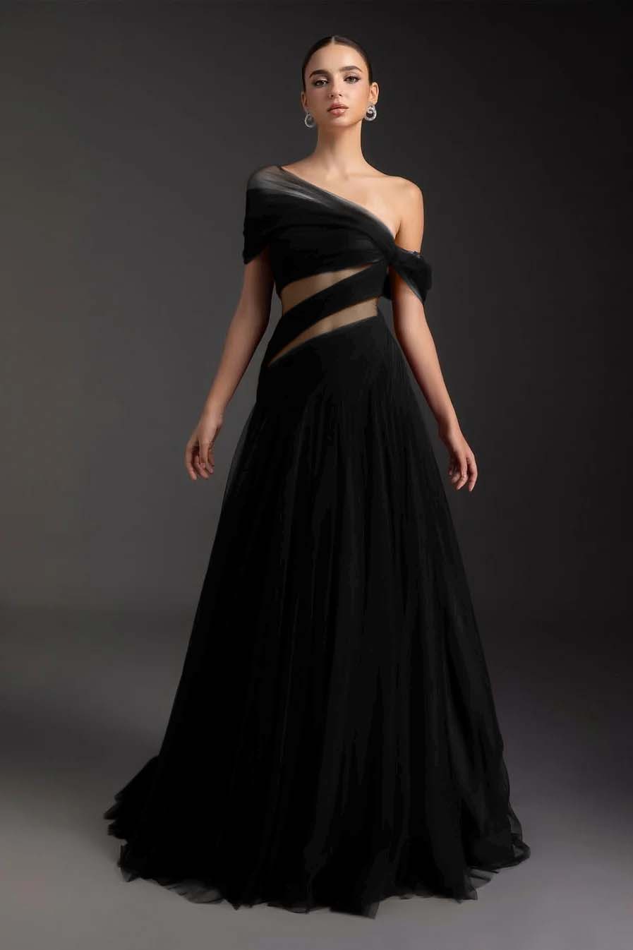 Cocoslly Off-The-Shoulder Long A-Line Prom Dress With Pleated | Burgundy Tulle ZA0173