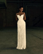Cocoslly Strapless Sleeveless High Waist Long Prom Dress | Silver White Beading Pearls YK1253