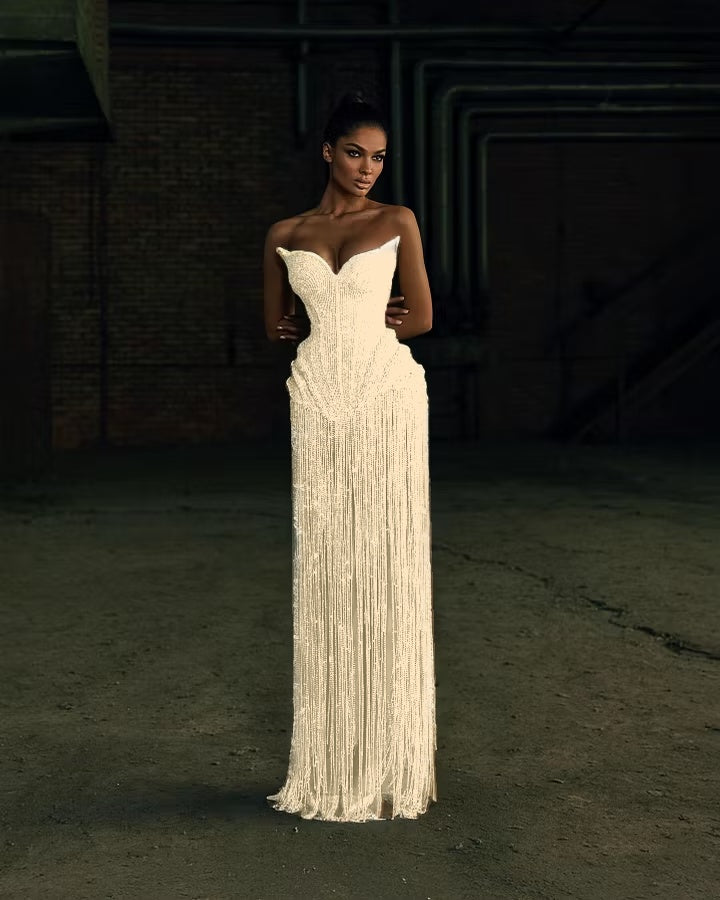 Cocoslly Strapless Sleeveless High Waist Long Prom Dress | Silver White Beading Pearls YK1253