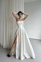 Cocoslly Strapless Sleeveless High Waist Long Prom Dress With Split And Gloves | Black Satin ZT0723