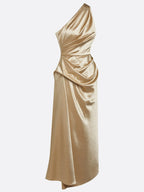 Champagne Ruched Satin One Shoulder Sleeveless Sheath Midi Dress