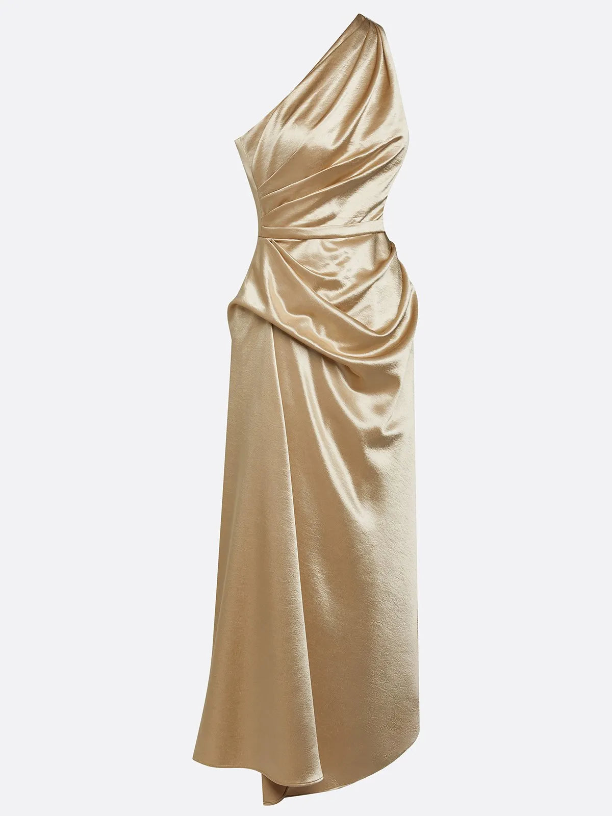 Champagne Ruched Satin One Shoulder Sleeveless Sheath Midi Dress
