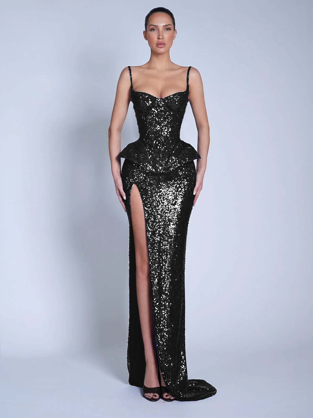 V-Neck Spaghetti Straps Sleeveless Long Mermaid Prom Dress With Split And Sequins YK0713