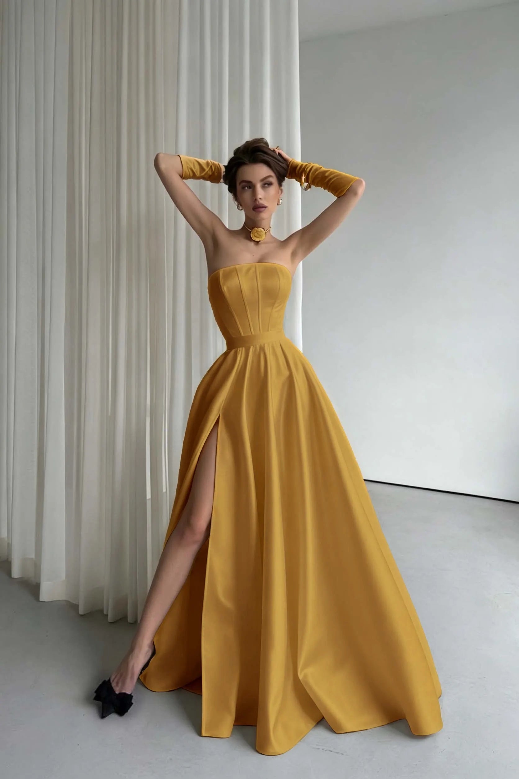 Cocoslly Strapless Sleeveless High Waist Long Prom Dress With Split And Gloves | Black Satin ZT0723